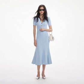  Dames blauwe pointelle gebreide midi-jurk blauw | Zelfportret breiwerk