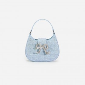  Blauwe denim tas met strass steentjes en een crescentprint voor dames | Zelfportret denim