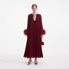  Vrouwen bordeauxrode chiffon midi-jurk met veren in het rood | Zelfportretjurken