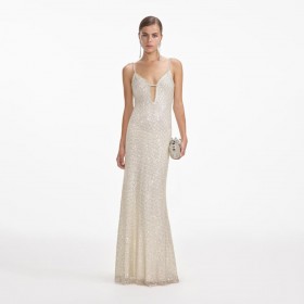  Vrouwen crème vierkante visnet maxi-jurk met strass | Zelfportretjurken