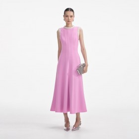  Roze crêpe midi-jurk met parelrand voor dames | Zelfportretjurken