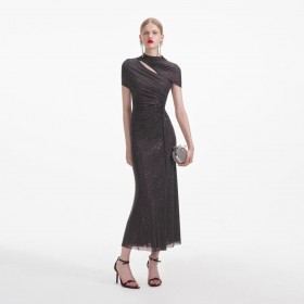  Dames leisteen strass mesh cut-out midi-jurk | Zelfportretjurken