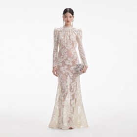 Witte maxi-jurk met strass-kant voor dames | Zelfportretjurken