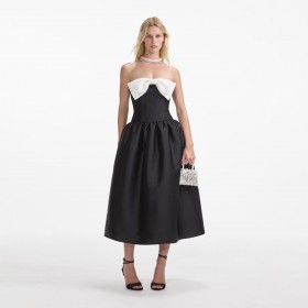  Robe mi-longue en taffetas noir avec nœud contrasté pour femme | Self Portrait Dresses