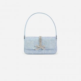  Sac baguette en denim bleu à strass pour femme | Self Portrait Denim