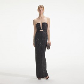  Schwarzes Jersey-Maxikleid mit Strasssteinen für Frauen | Self Portrait Kleider