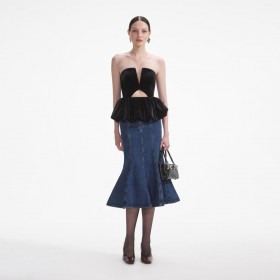 Schwarzes Bandeau-Oberteil aus Samt für Damen | Self Portrait Oberteile