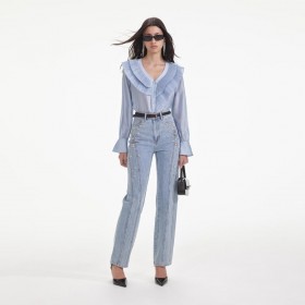  Damen Blaue Satin Organza Bluse | Self Portrait Oberteile