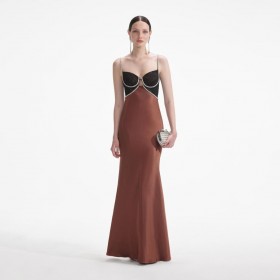  Damen Braunes Satin-Maxikleid mit Strass | Self Portrait Kleider