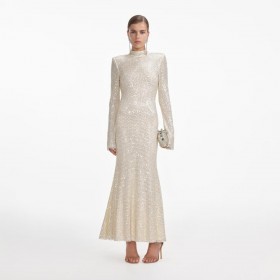  Cremefarbenes, quadratisches Netz-Midikleid mit Strasssteinen | Self Portrait Kleider