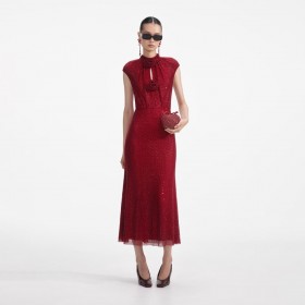  Rotes Netz-Midikleid mit Strasssteinen für Damen | Self Portrait Kleider