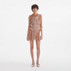 Hellbraunes Minikleid mit Rüschen aus Mesh mit Strasssteinen – Self Portrait Kleider